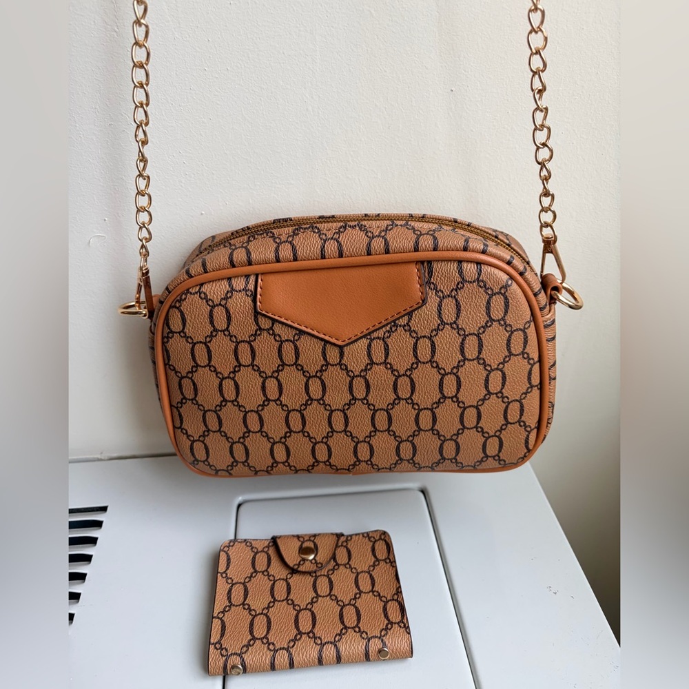 Tan Patterned Chain Crossbody Bag and Card Holder